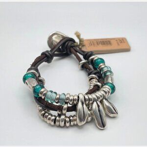 NWT UNO de 50 Bracelet Brown Multi Leather Strands Silver Beaded Blue Glass SZ S